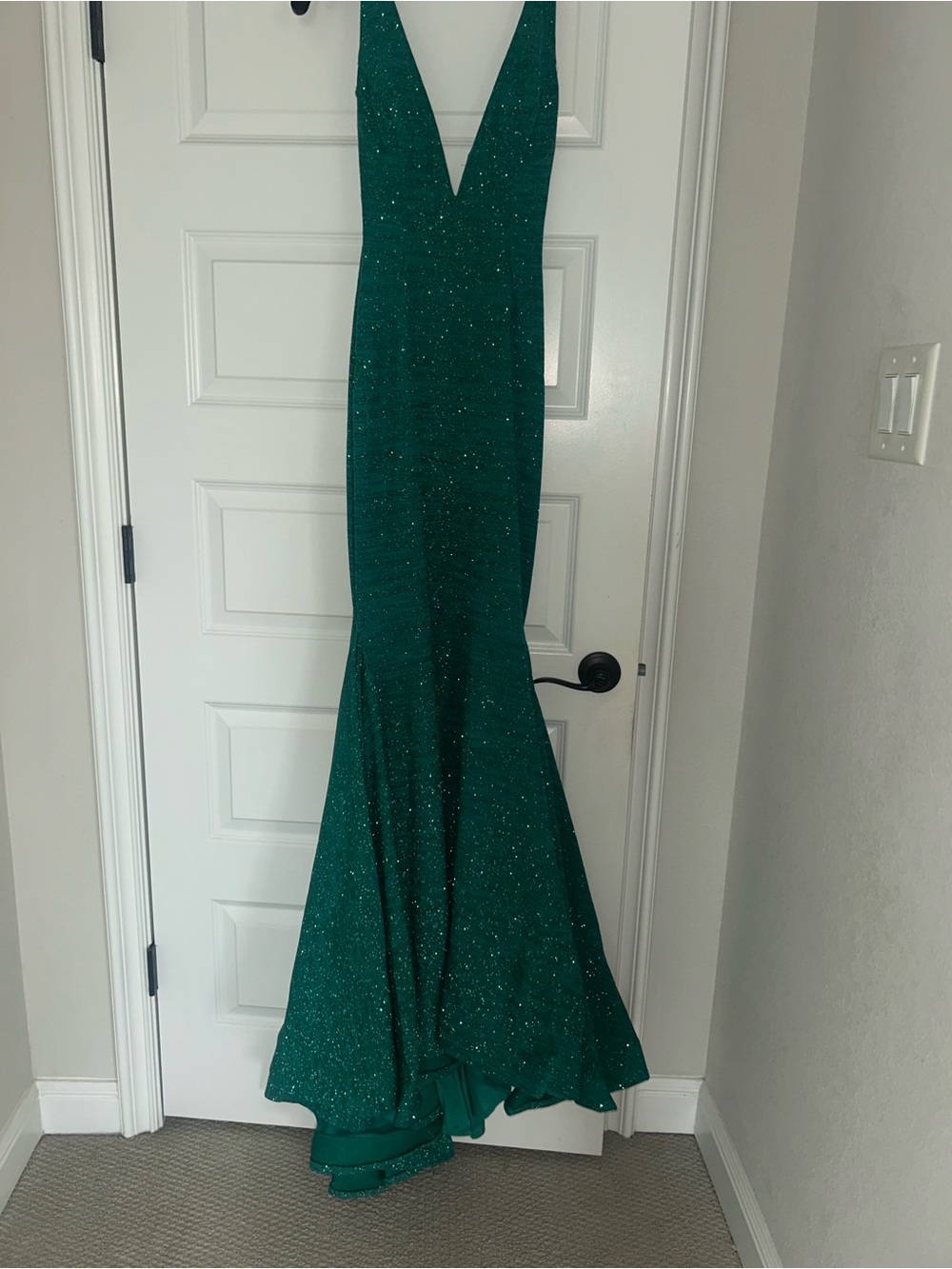 Jovani Teal Sparkle Plunge Evening Dress